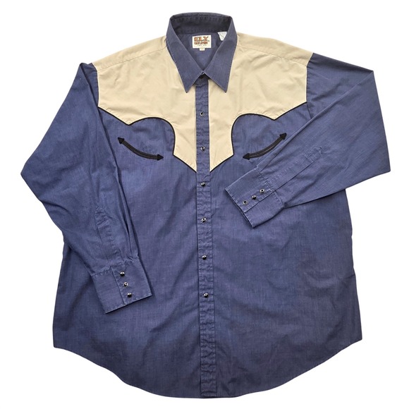 Ely Cattleman Other - Vintage Ely Cattleman Western‎ Snap Shirt Blue Tan Contrast Yoke Smiley Mens XXL